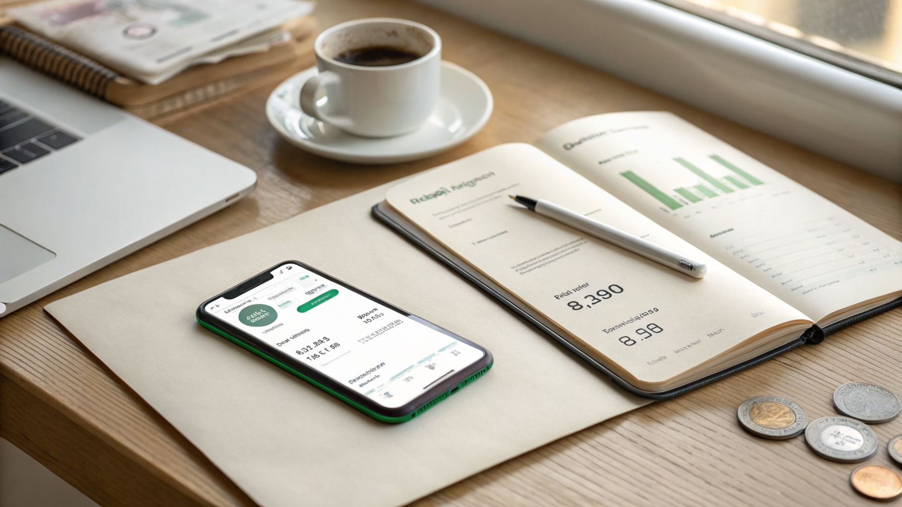 A budgeting app and UK coins on a warm desk